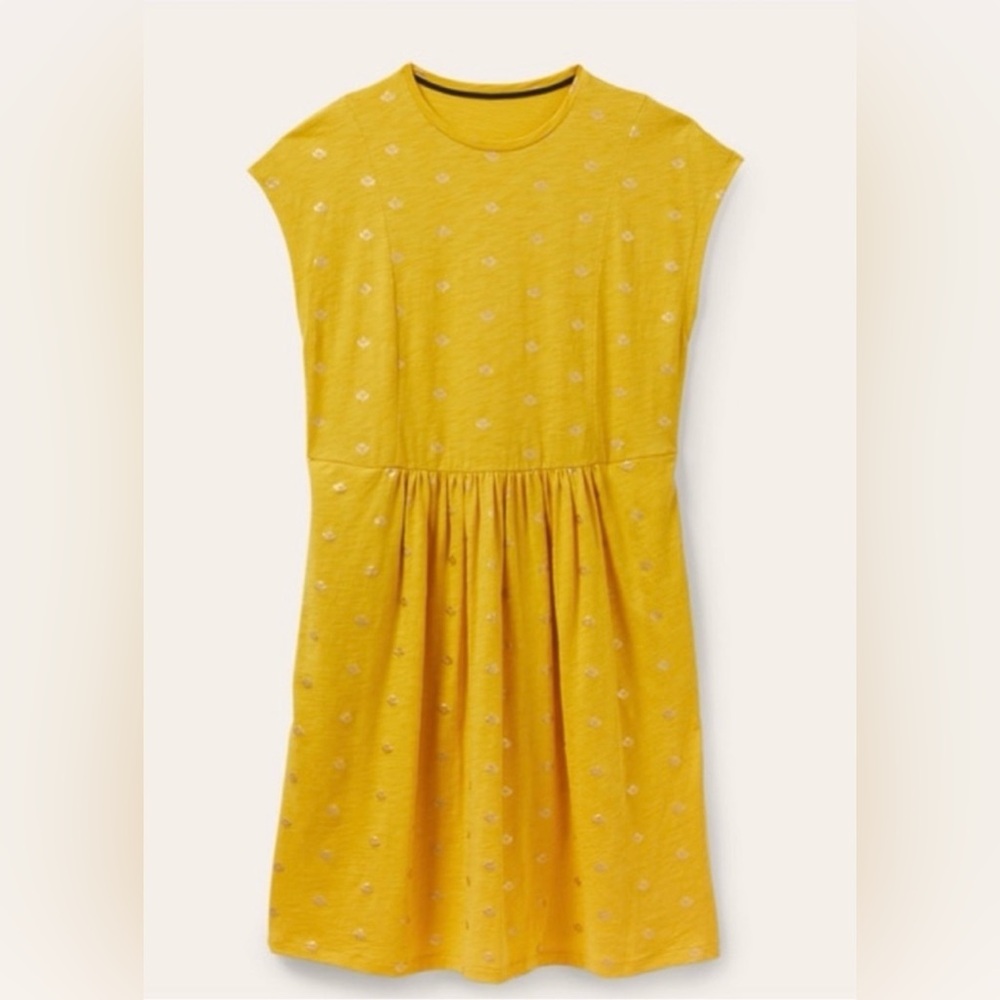 Boden Jersey Dress - Mustard with Gold Foil Floral Pattern - Size 8 - Picture 2 of 6